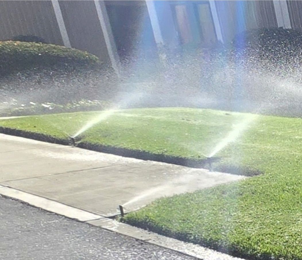 Pop-up sprinkler heads spraying commercial lawn